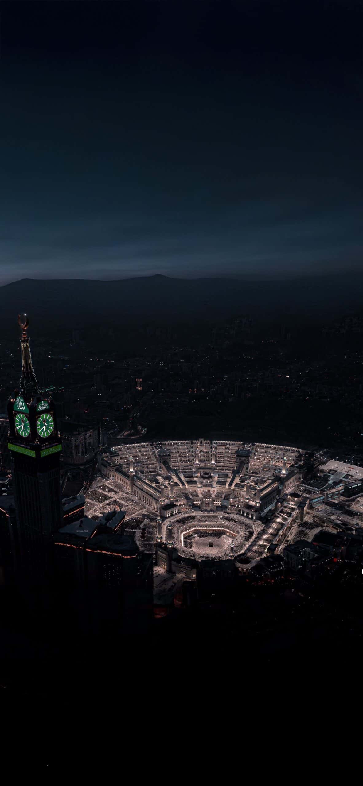 The Grand Mosque of Makkah illuminated at night